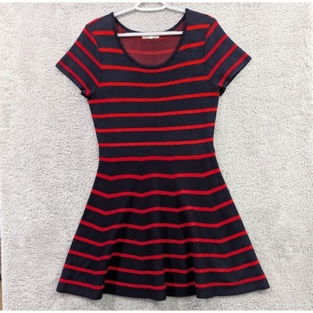 Copper Key Navy Blue‎ & Red Striped Skater Dress Junior's XL Scoop Neck Knit